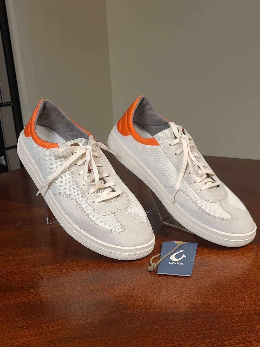 Olukai Punini Mens Size 12 Sneakers Off White Molten Orange Leather Mesh